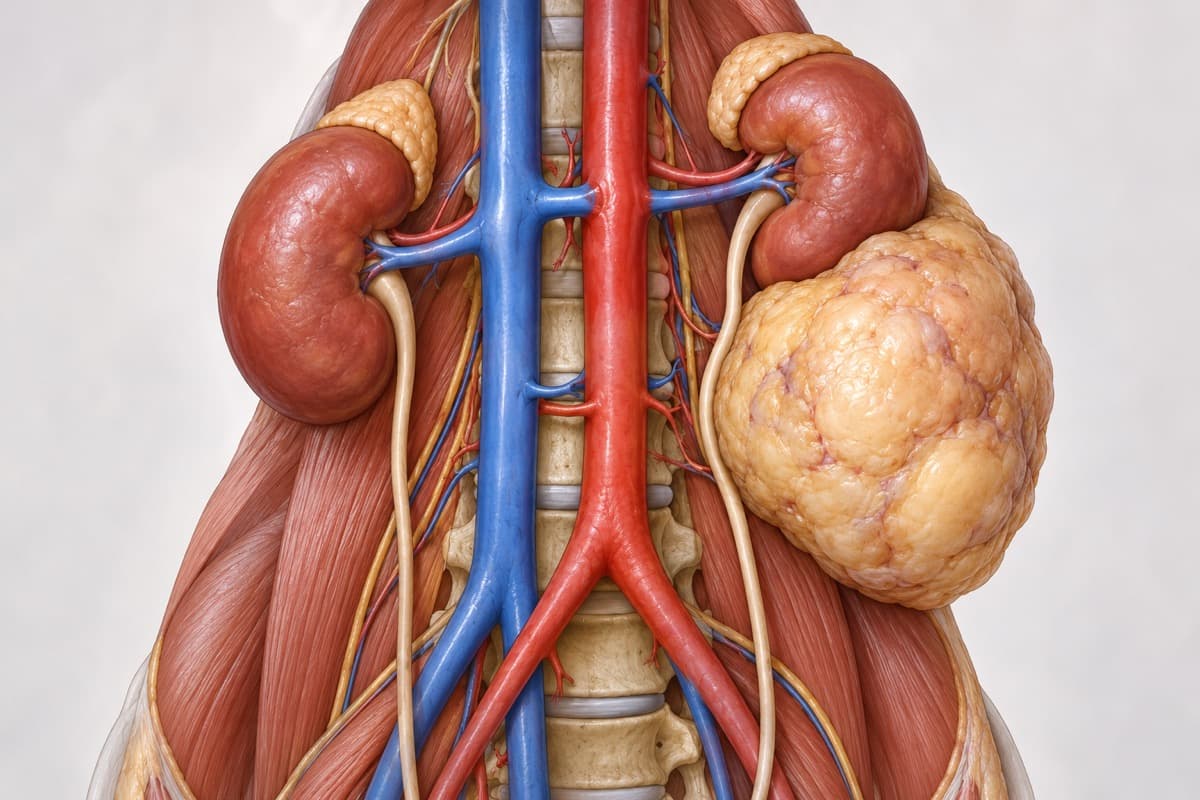 Illustration: back of the abdomen with both kidneys, the aorta and vena cava, and a large tumour beside the left kidney